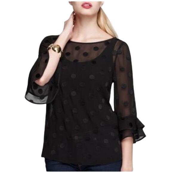 Kate Spade Silk Sheer Polka Dot Evi Flutter Sleeve Black Top Size 00 - Picture 3 of 12